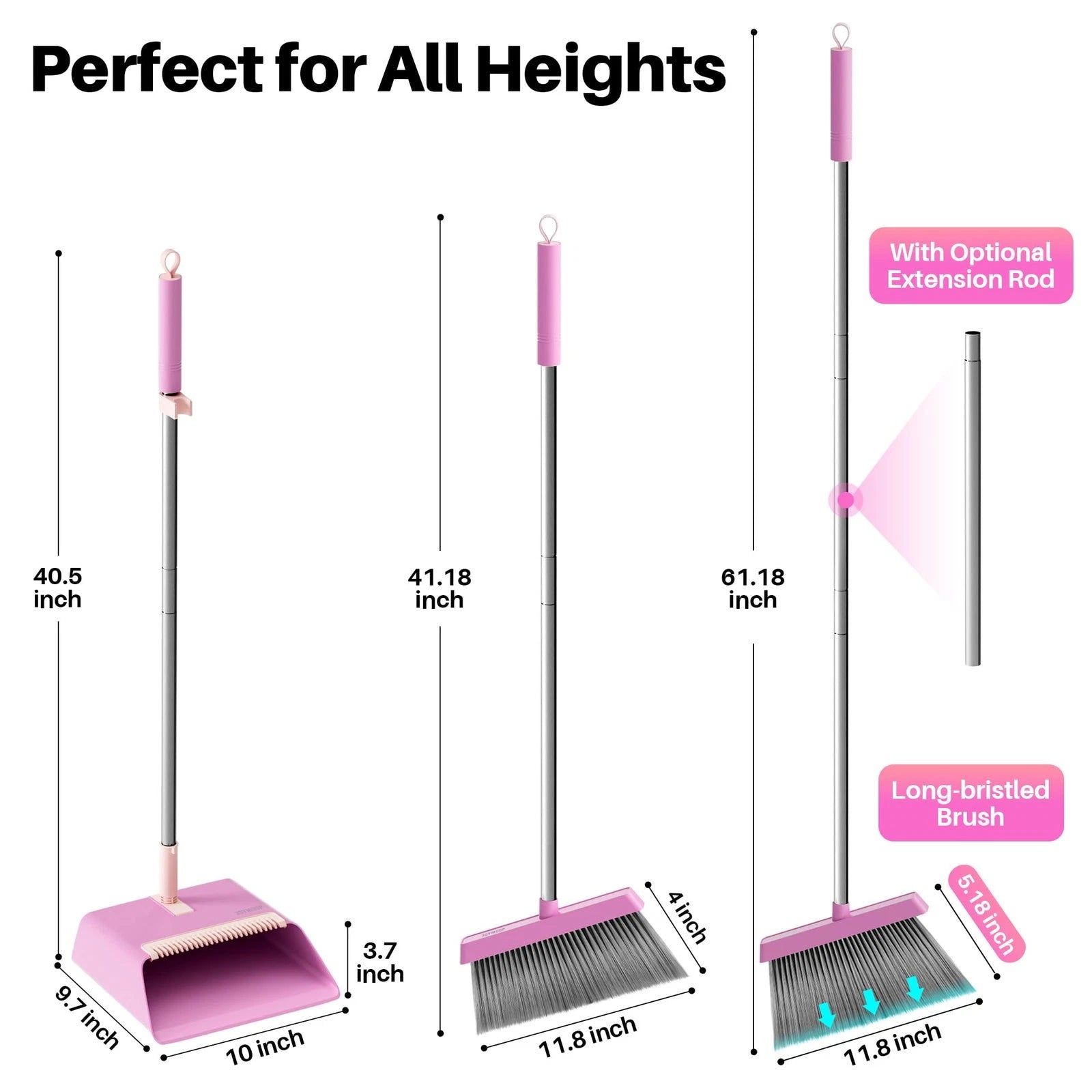 JOYMOOP Pink Broom and Dustpan Set, Upright Angle, Built-in Comb Teeth Pet Hair