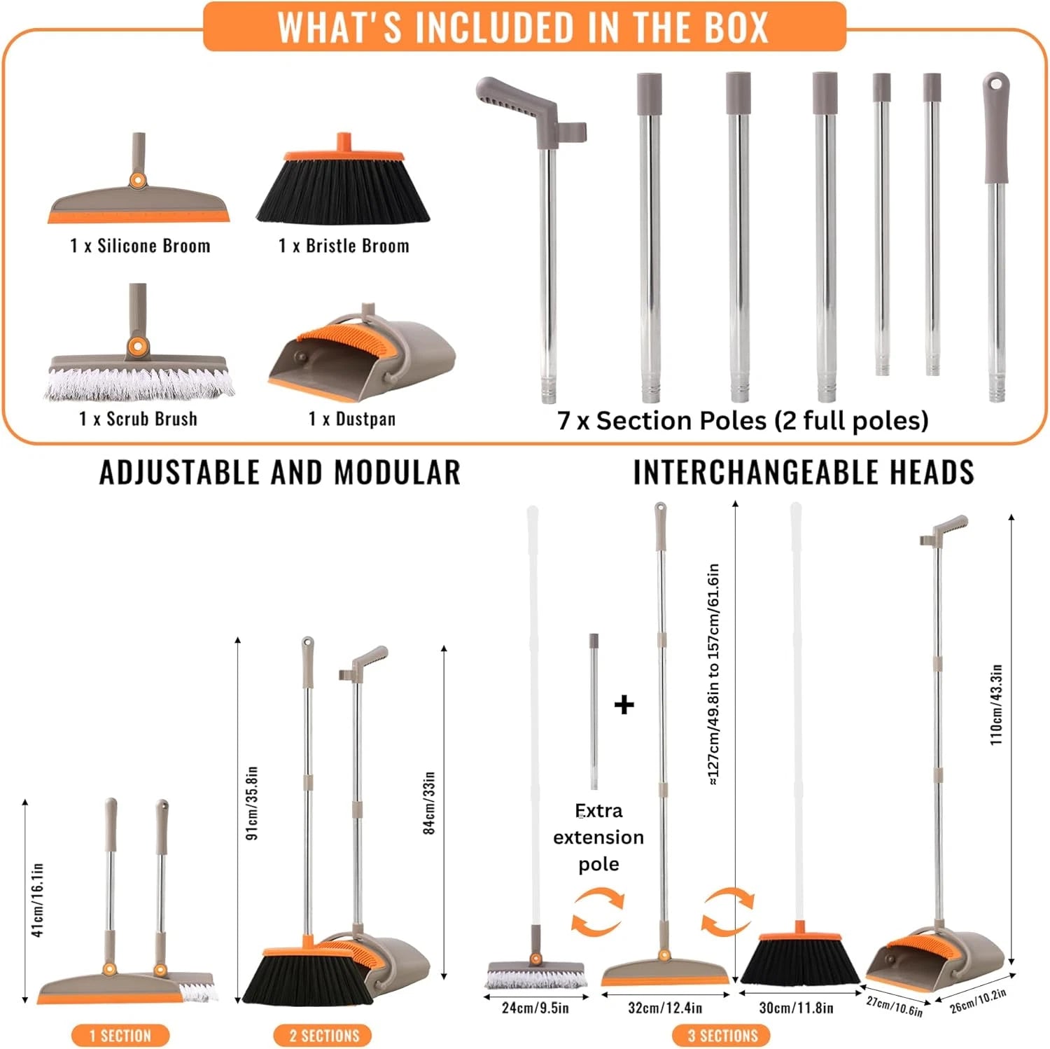 Multifunction 3-In-1 Broom and Dustpan Silicone Broom Squeegee Scrub Brush Set