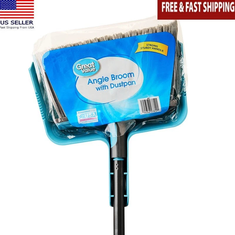 Sturdy Handle Angle Broom Dustpan Set Easy Sweep Hard-to-Reach Corners New