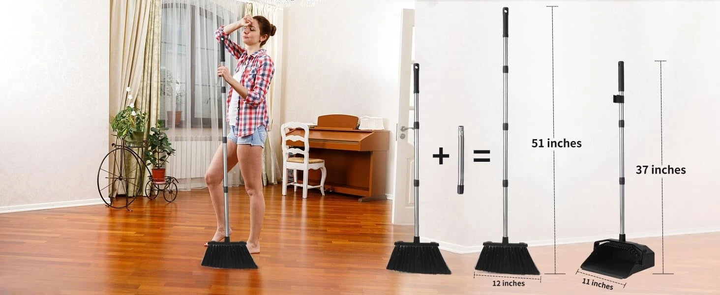 Space-Saving Broom & Dustpan Set - Long Handle, Heavy Duty Cleaning Tools