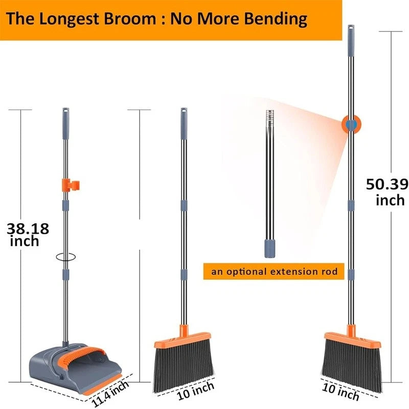 Self Cleaning Broom & Dustpan Set Heavy Duty Stand Up Indoor Outdoor Use