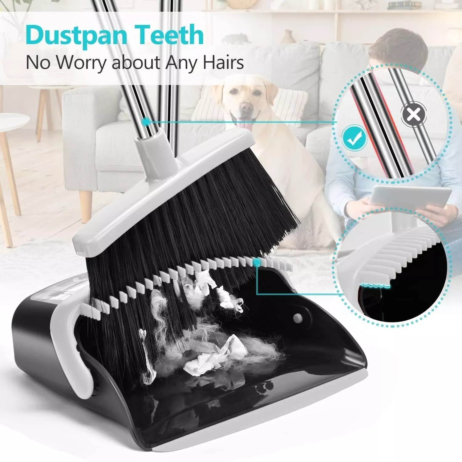 Effortless Cleaning with Long Handle Broom & Dustpan Set – Toothed Dustpan