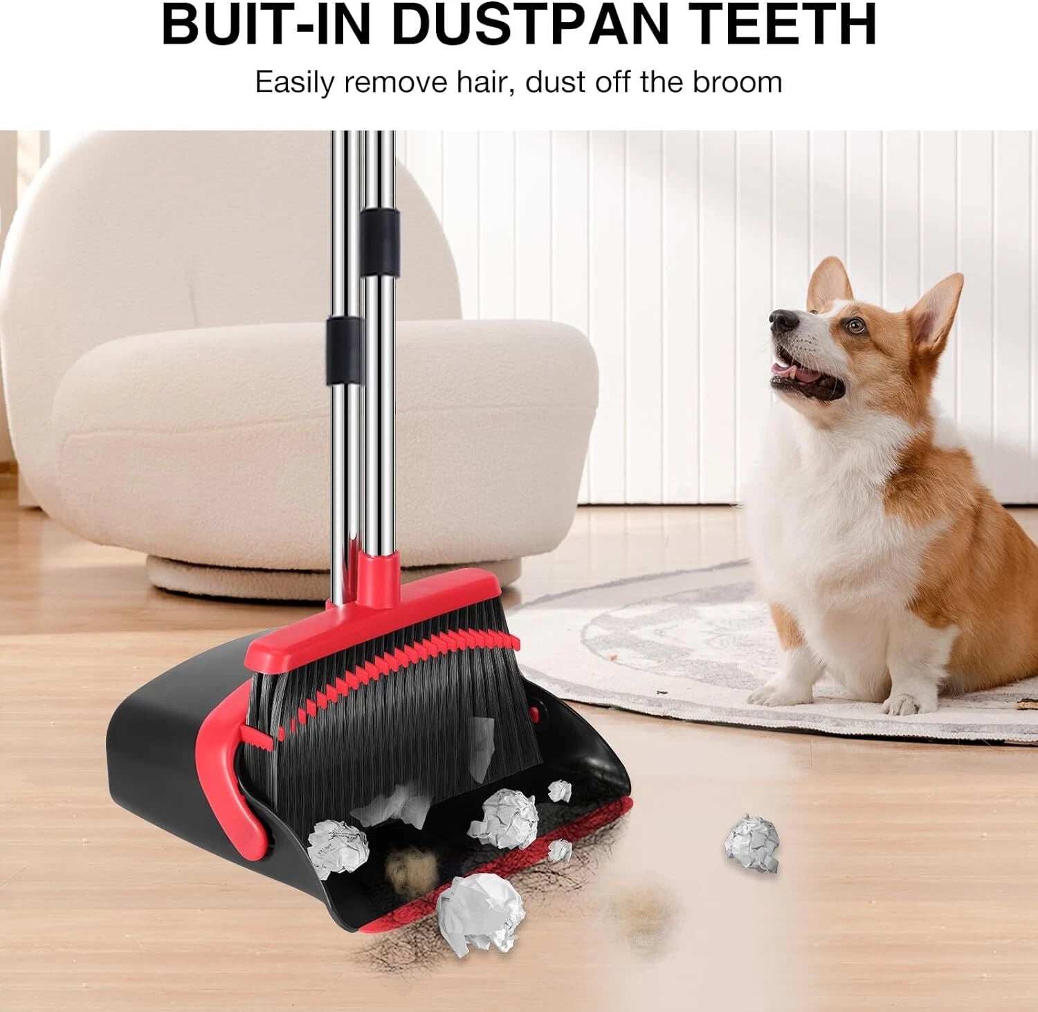 Broom and Dustpan Set 52" Long Handle Combo with Teeth for Home Office