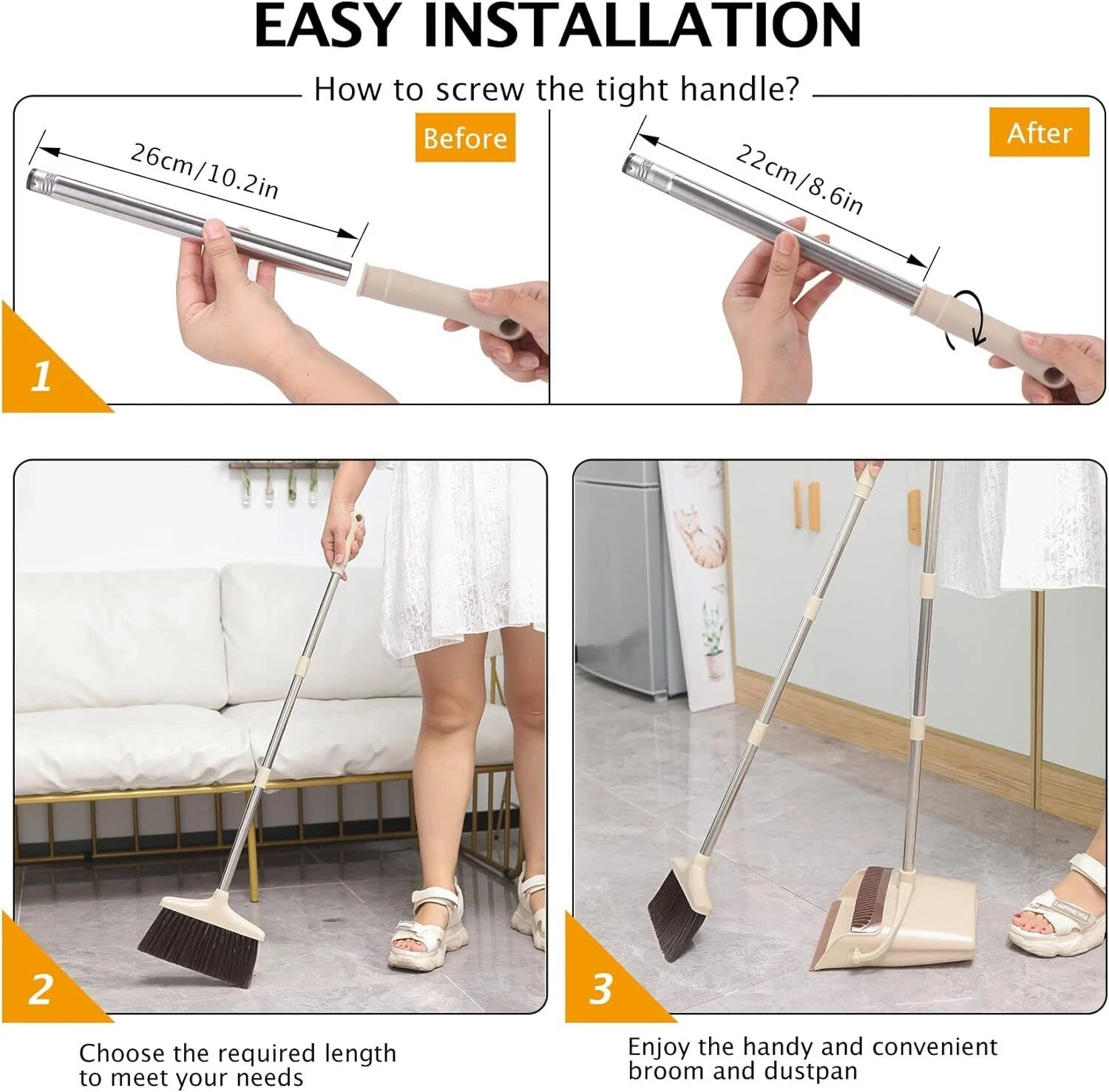 Broom and Dustpan Set Long Handle Upright Combo Home Kitchen Pet Hair Clean