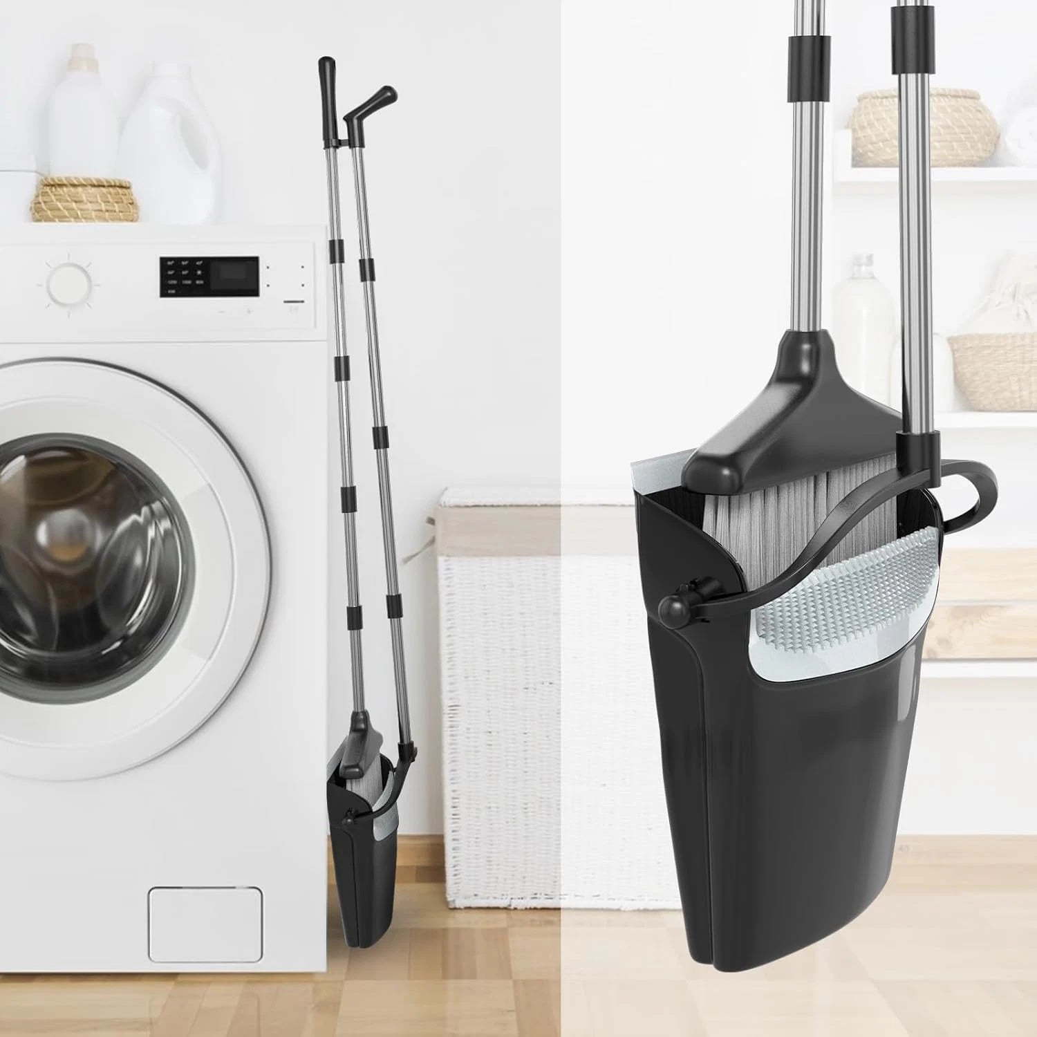 Long Handle Broom & Dustpan Set - 54” for Home & Office Cleaning (Black/Grey)