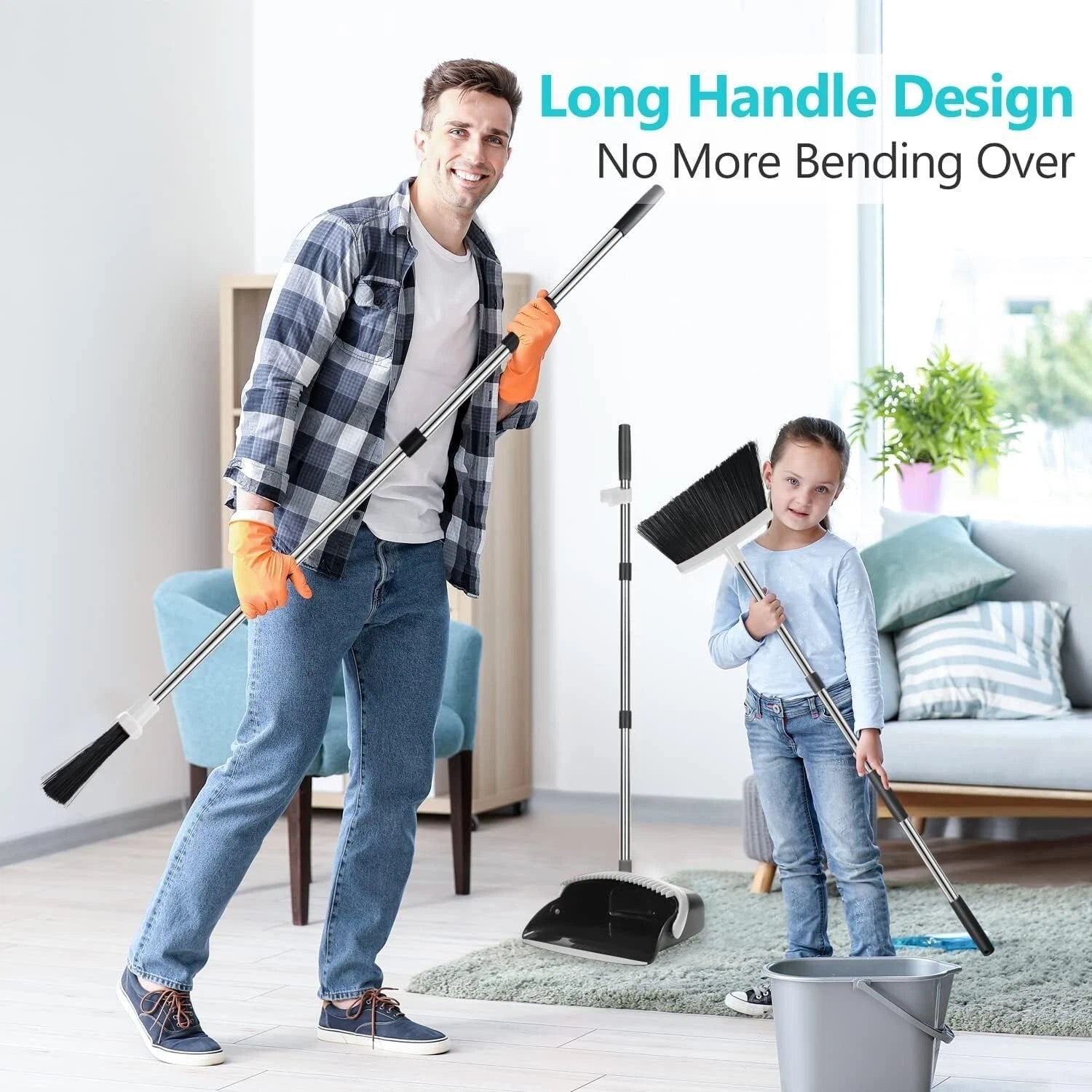 Effortless Cleaning with Long Handle Broom & Dustpan Set – Toothed Dustpan