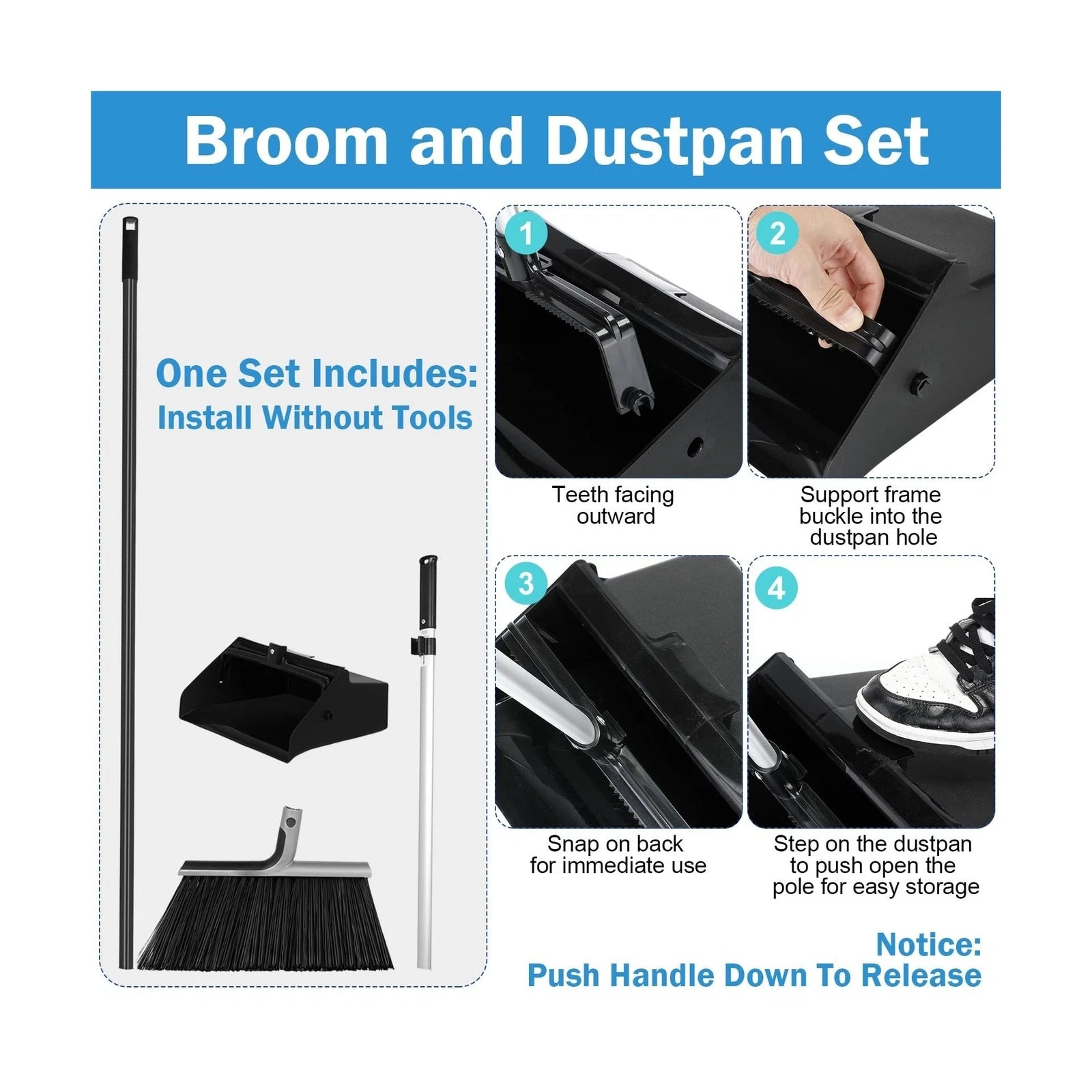 4 Set Broom and Dustpan Set 58 Inch Commercial Broom and Dustpan Combo Set He...