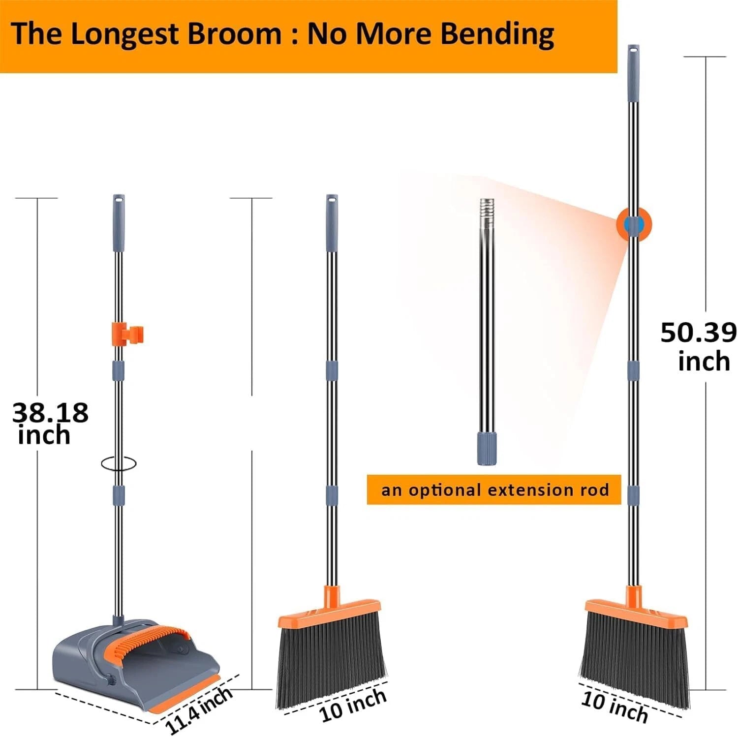 Long Handle Broom & Dustpan Set, 4 Row Bristles, Indoor/Outdoor, Gray&Orange
