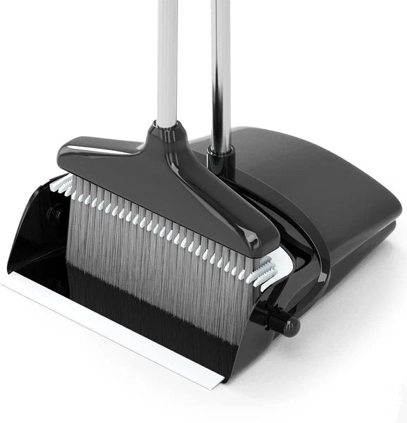 Long Handle Broom & Dustpan Set - 54” for Home & Office Cleaning (Black/Grey)
