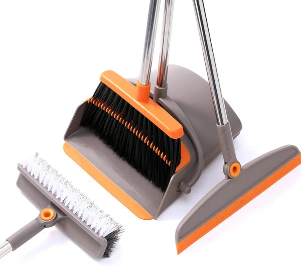 Multifunction 3-In-1 Broom and Dustpan Silicone Broom Squeegee Scrub Brush Set