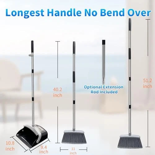Broom with Dustpan Combo Set Broom and Black&Grey with Firm and Soft Bristles