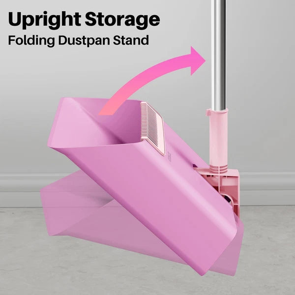 JOYMOOP Pink Broom and Dustpan Set, Upright Angle, Built-in Comb Teeth Pet Hair