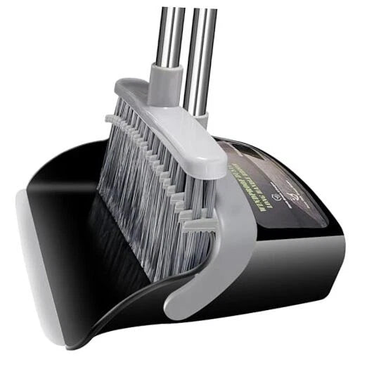 Broom with Dustpan Combo Set Broom and Black&Grey with Firm and Soft Bristles