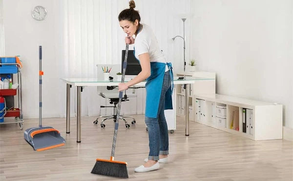 Long Handle Broom & Dustpan Set, 4 Row Bristles, Indoor/Outdoor, Gray&Orange