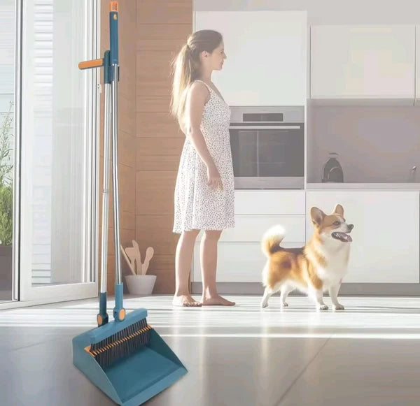 Broom and Dustpan Set with Built-In Bristle Comb for Easy Broom Cleaning – New