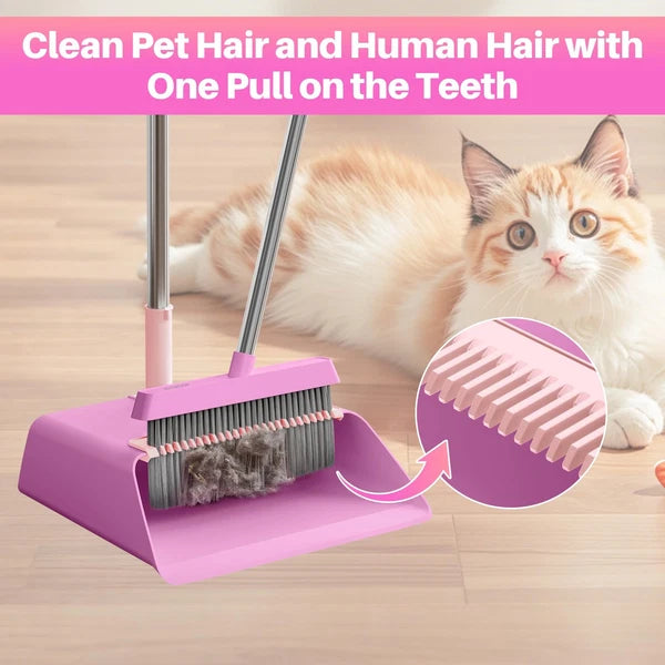 JOYMOOP Pink Broom and Dustpan Set, Upright Angle, Built-in Comb Teeth Pet Hair