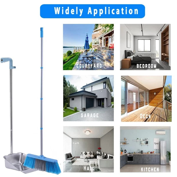 52" Long Handle Broom & 38" Heavy Duty Metal Dustpan Set for Home Kitchen