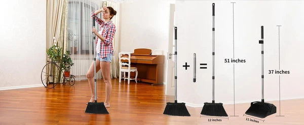 Space-Saving Broom & Dustpan Set - Long Handle, Heavy Duty Cleaning Tools