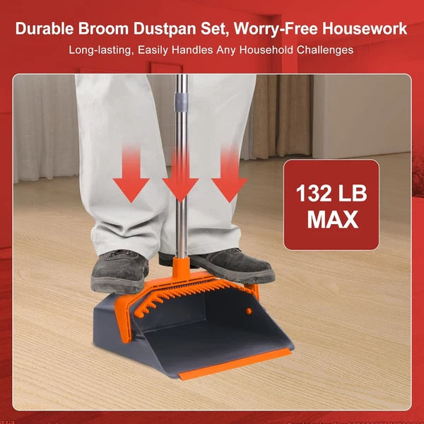 Broom and Dustpan Set, Large Brooms Dust Pans with 51'' Orange Grey
