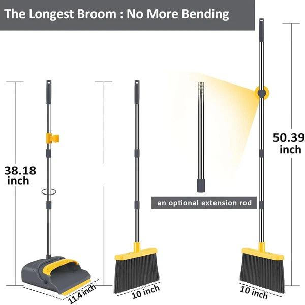 Broom Dustpan Home Combo Office Indoor Outdoor Sweeping Stand Up (Gray&Yellow)