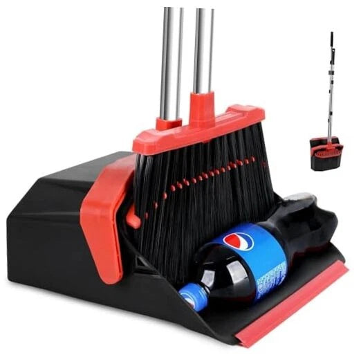 Large Upright Broom and Dustpan, Heavy Duty Dust Pan with 5" 1 Black and Red