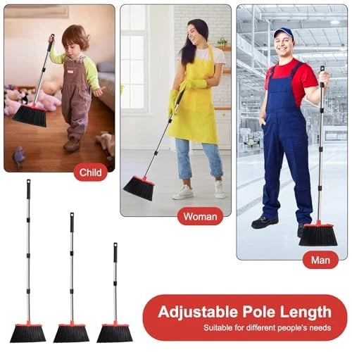 Large Upright Broom and Dustpan, Heavy Duty Dust Pan with 5" 1 Black and Red