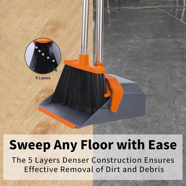 Broom and Dustpan Set, Large Brooms Dust Pans with 51'' Orange Grey