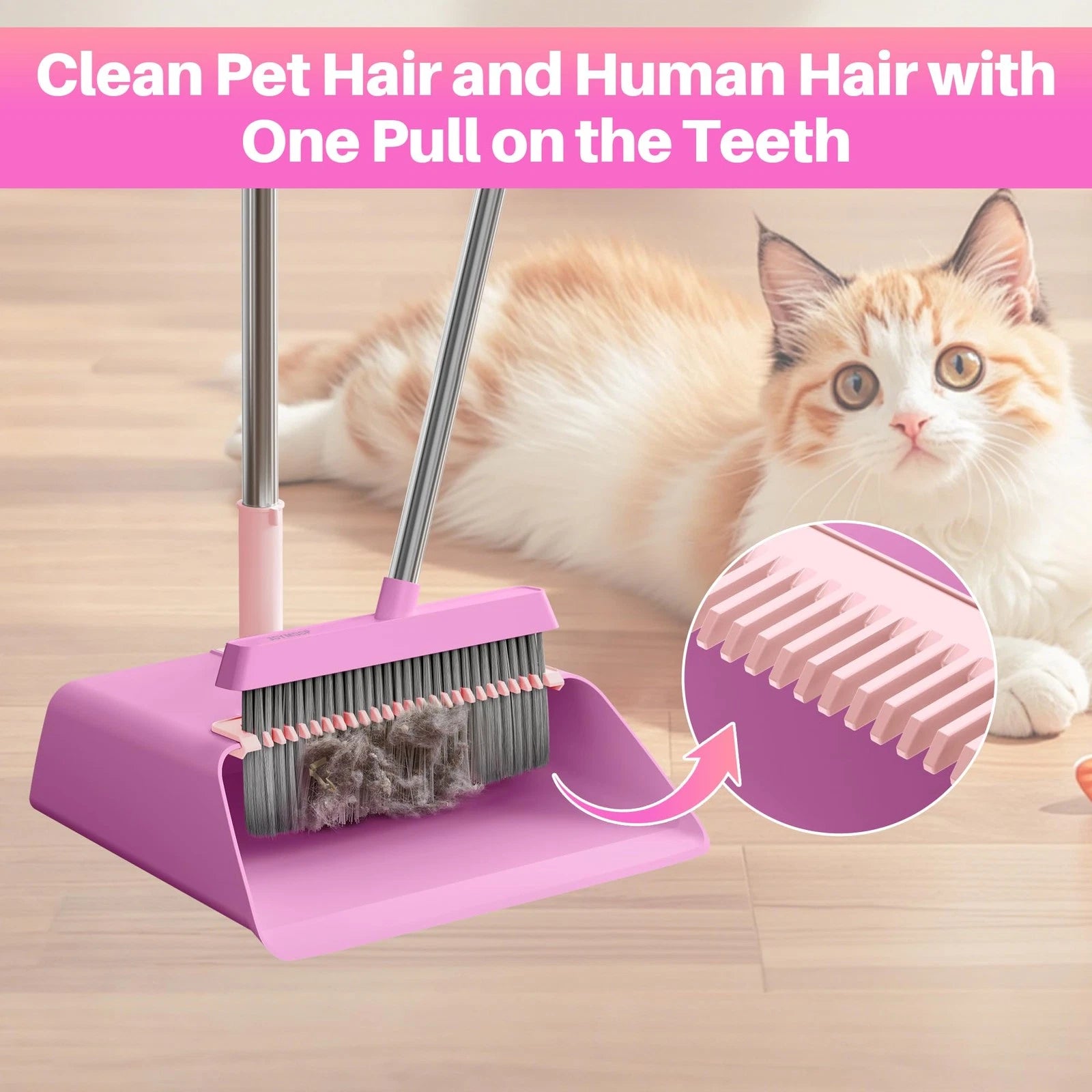 JOYMOOP Pink Broom and Dustpan Set, Upright Angle, Built-in Comb Teeth Pet Hair