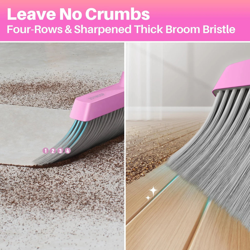 JOYMOOP Pink Broom and Dustpan Set, Upright Angle, Built-in Comb Teeth Pet Hair