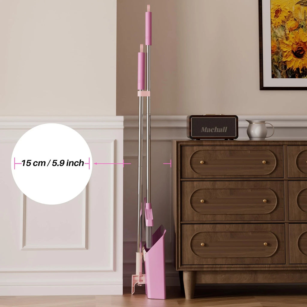 JOYMOOP Pink Broom and Dustpan Set, Upright Angle, Built-in Comb Teeth Pet Hair
