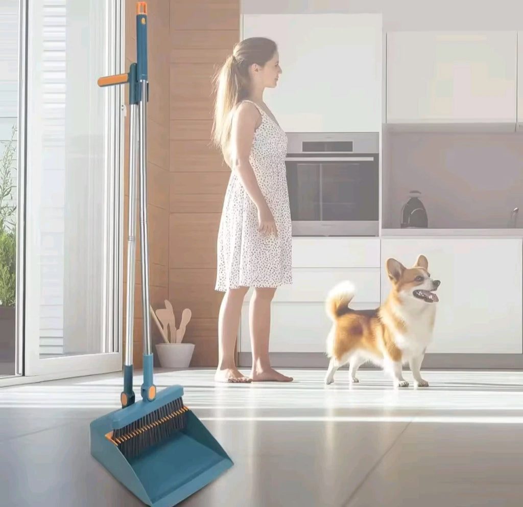 Broom and Dustpan Set with Built-In Bristle Comb for Easy Broom Cleaning – New