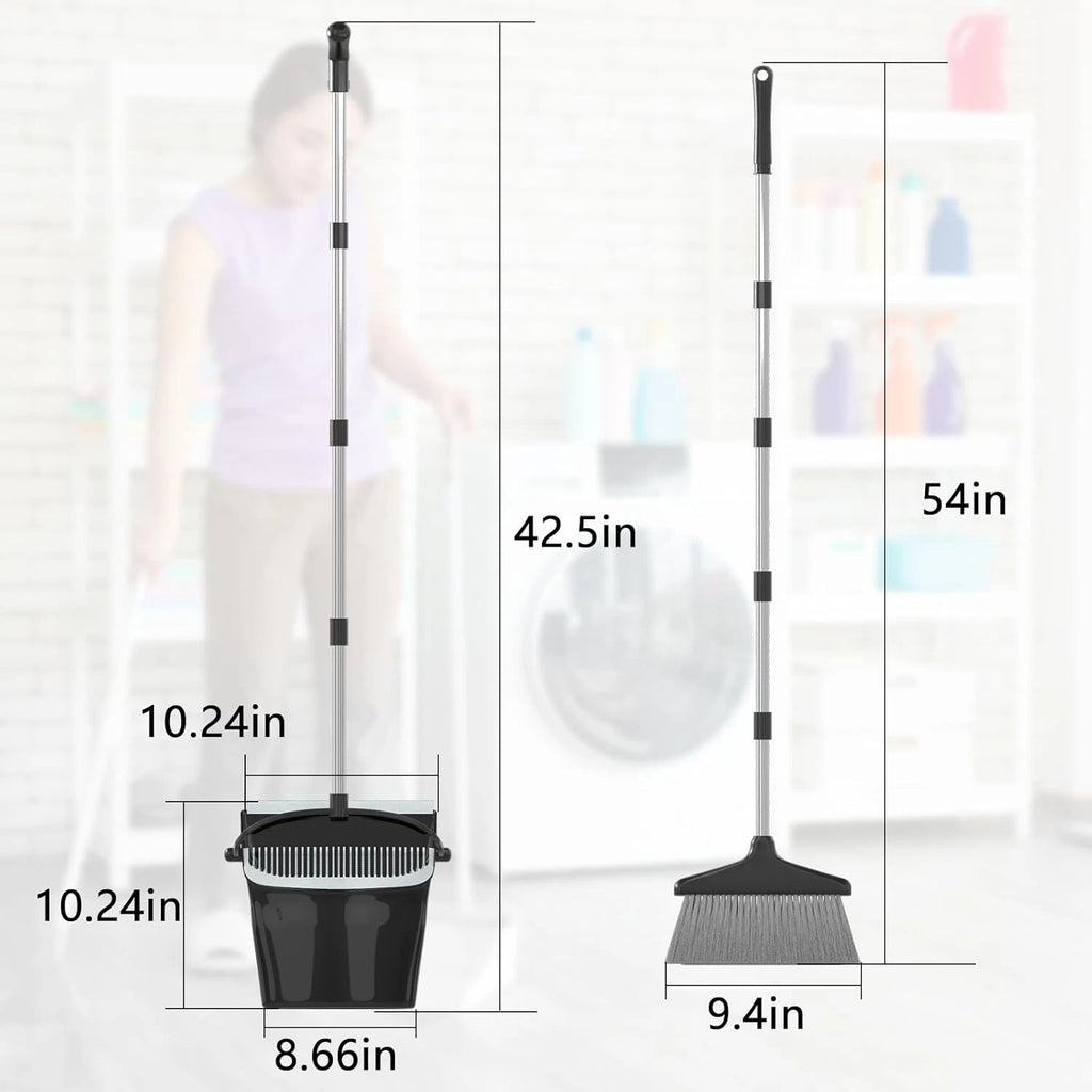 Long Handle Broom & Dustpan Set - 54” for Home & Office Cleaning (Black/Grey)