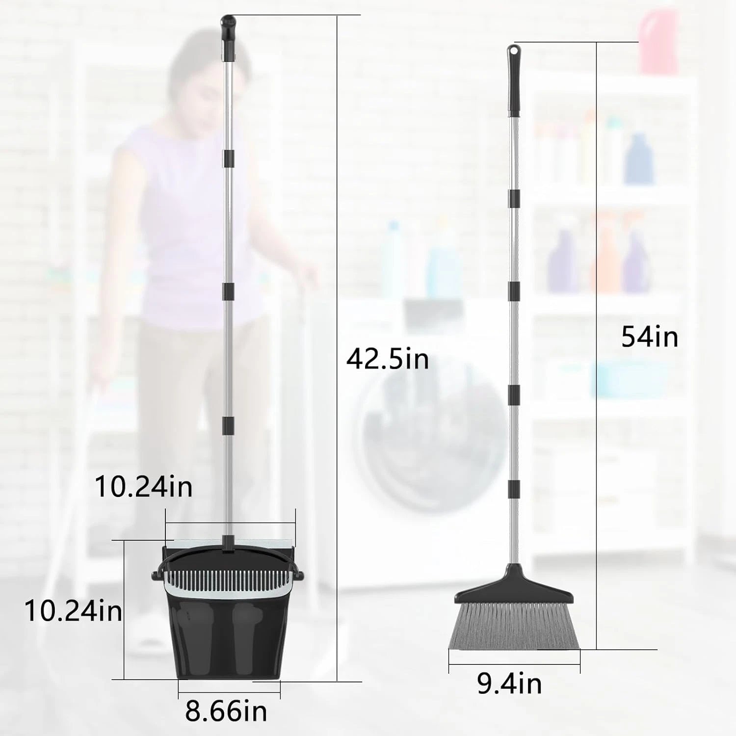 Long Handle Broom & Dustpan Set - 54” for Home & Office Cleaning (Black/Grey)
