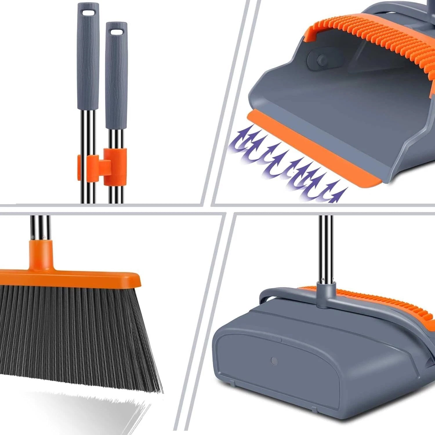 Long Handle Broom & Dustpan Set, 4 Row Bristles, Indoor/Outdoor, Gray&Orange