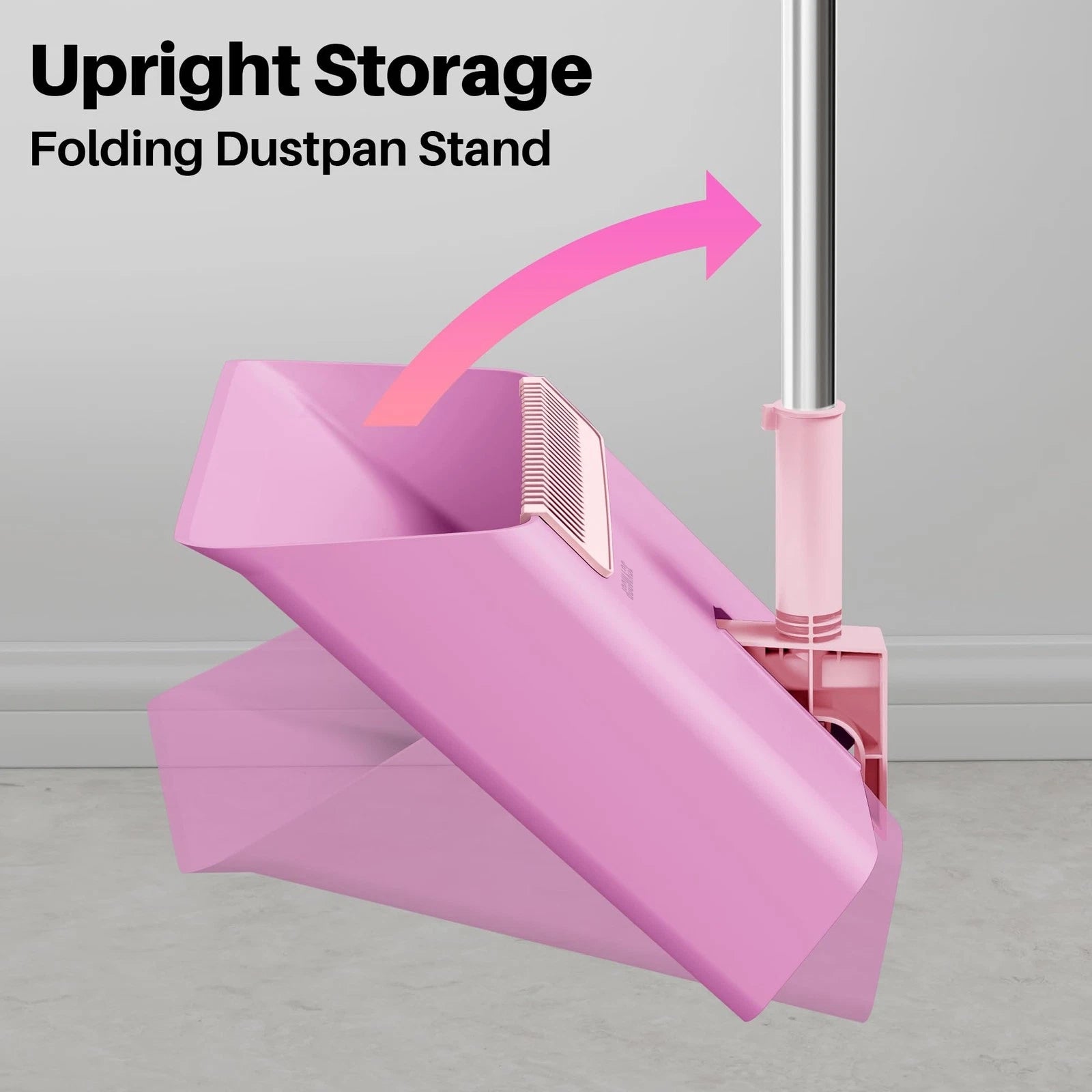 JOYMOOP Pink Broom and Dustpan Set, Upright Angle, Built-in Comb Teeth Pet Hair