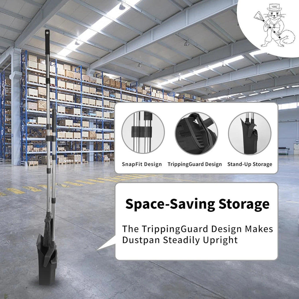 Space-Saving Broom & Dustpan Set - Long Handle, Heavy Duty Cleaning Tools