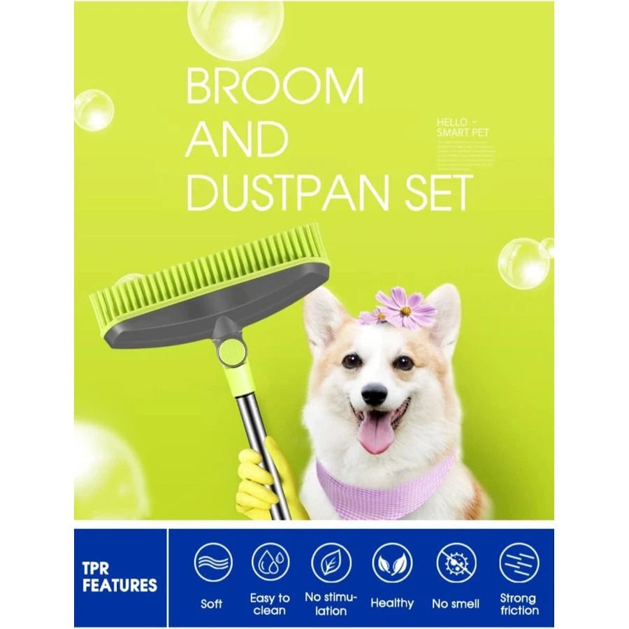Adjustable Rubber Push Broom & Dustpan Set, Self Cleaning for Home, Office
