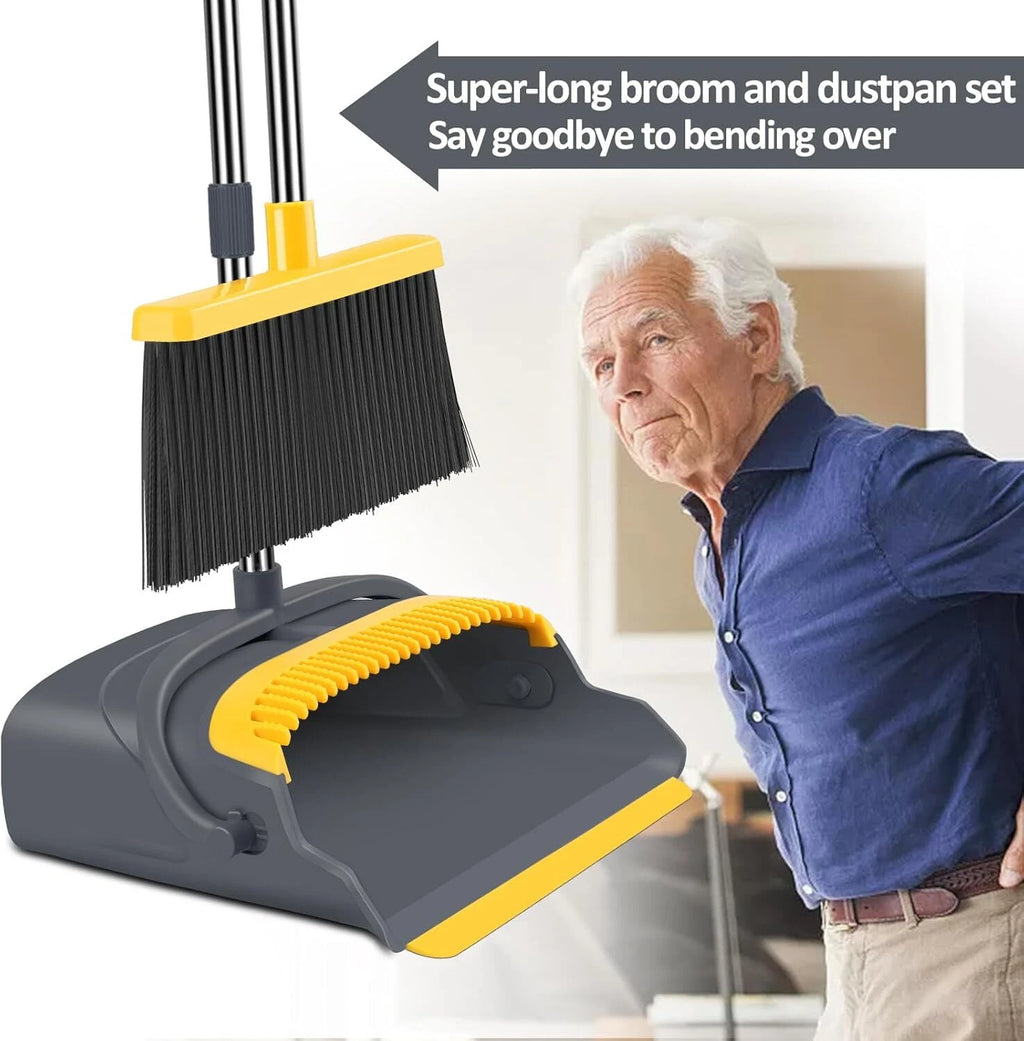Broom Dustpan Home Combo Office Indoor Outdoor Sweeping Stand Up (Gray&Yellow)