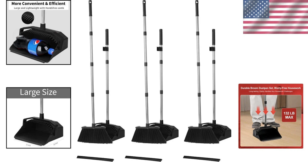 Space-Saving Broom & Dustpan Set - Long Handle, Heavy Duty Cleaning Tools