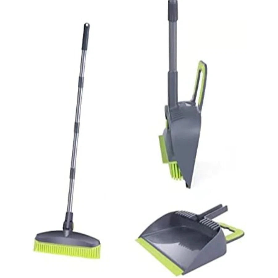 Adjustable Rubber Push Broom & Dustpan Set, Self Cleaning for Home, Office