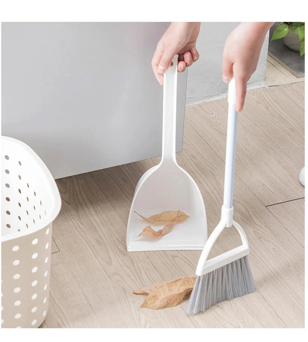 Mini Broom with Dustpan for Kids Little Housekeeping Helper Set White+Grey