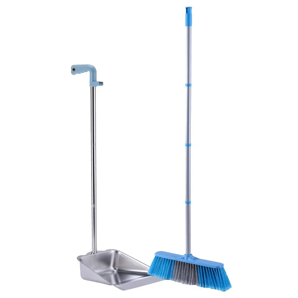 52" Long Handle Broom & 38" Heavy Duty Metal Dustpan Set for Home Kitchen