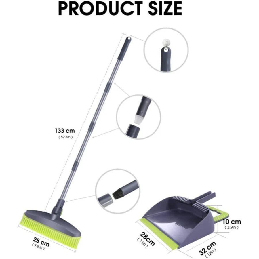 Adjustable Rubber Push Broom & Dustpan Set, Self Cleaning for Home, Office