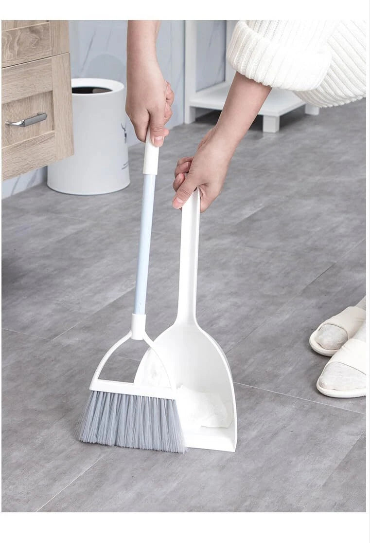 Mini Broom with Dustpan for Kids Little Housekeeping Helper Set White+Grey