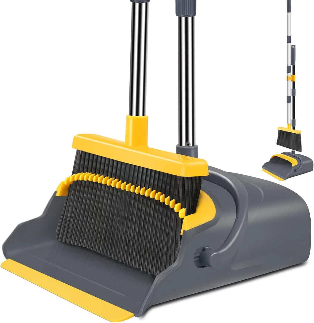 Broom Dustpan Home Combo Office Indoor Outdoor Sweeping Stand Up (Gray&Yellow)