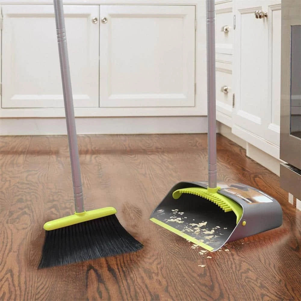 Green Plastic Upright Broom and Dustpan Set
