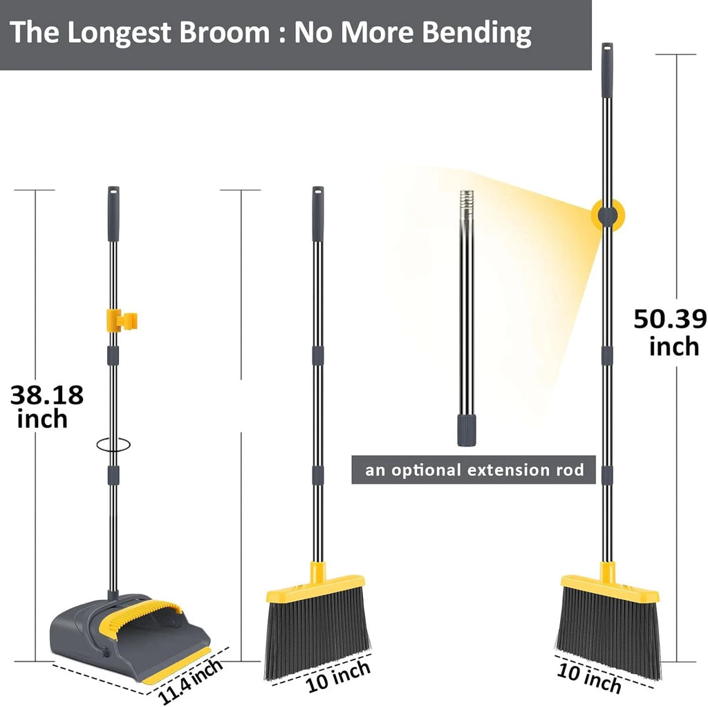 Broom Dustpan Home Combo Office Indoor Outdoor Sweeping Stand Up (Gray&Yellow)