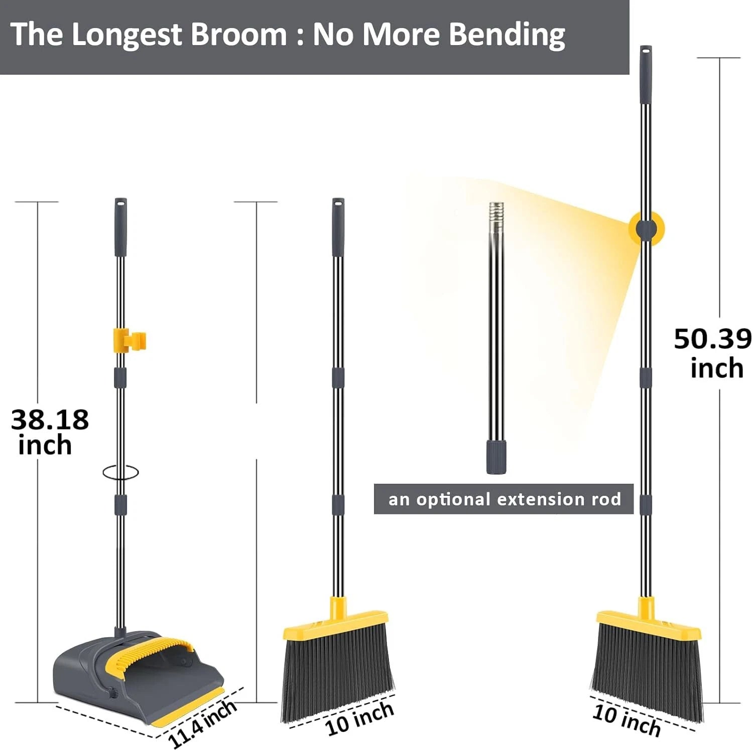 Broom Dustpan Home Combo Office Indoor Outdoor Sweeping Stand Up (Gray&Yellow)