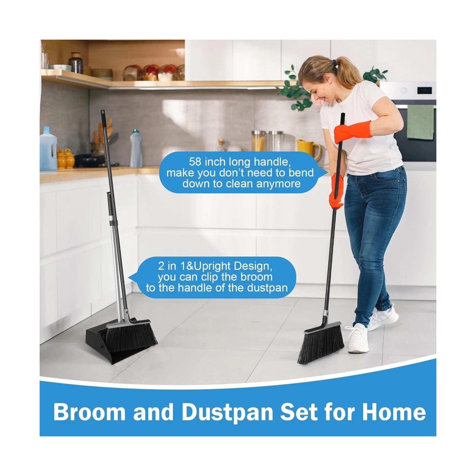 4 Set Broom and Dustpan Set 58 Inch Commercial Broom and Dustpan Combo Set He...