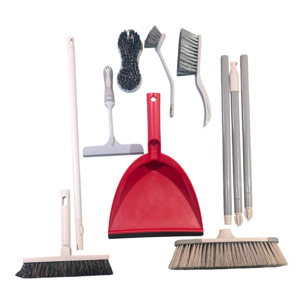 Comprehensive Cleaning Set - Large & Small Brooms, Dustpan, Squeegee & Brushes